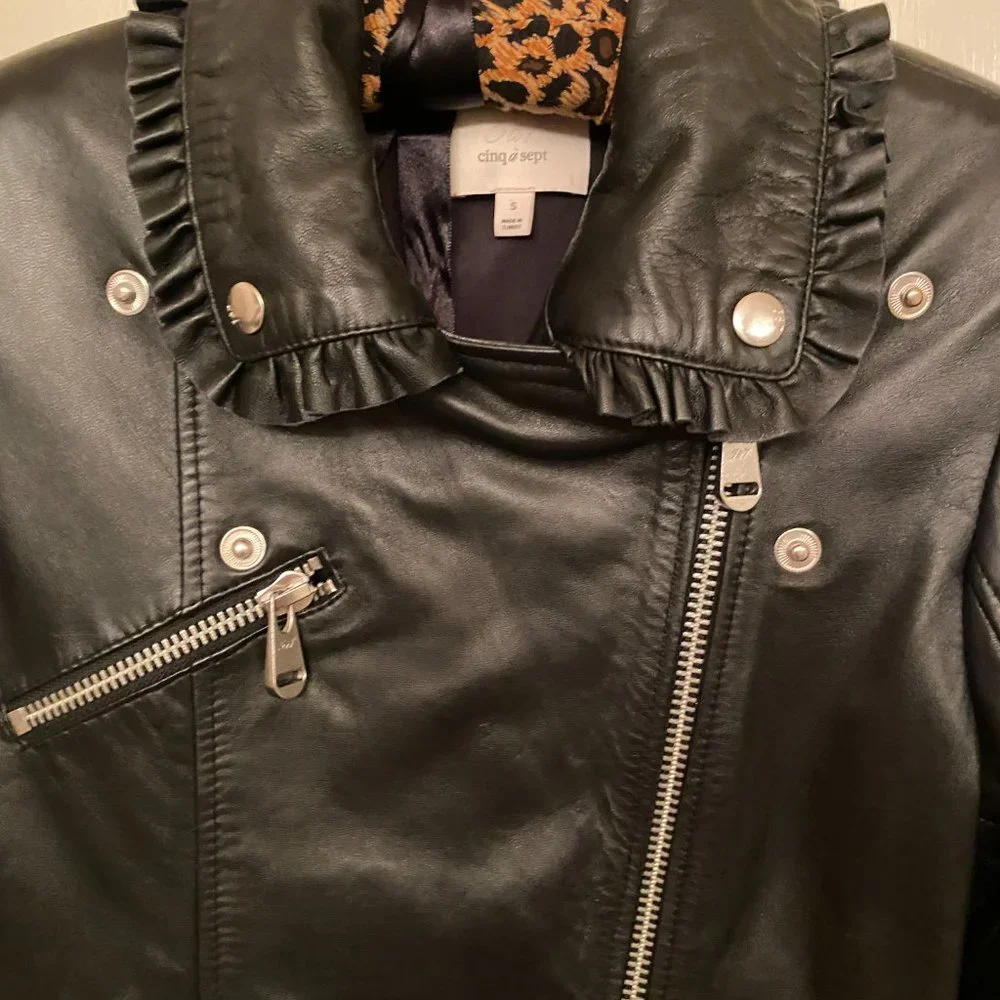 Cinq A Sept Eloise Moto Biker Leather Jacket Ruffled Trim SZ S - Picture 2 of 10